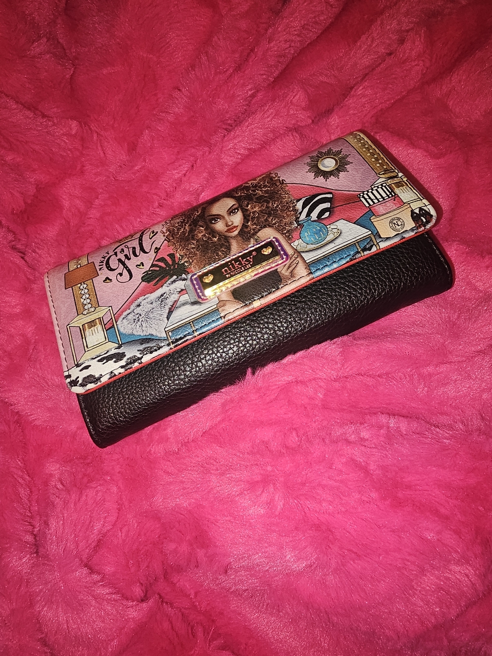 Illustrated Pink and Black Women's Clutch Wallet Nikky By Nicole